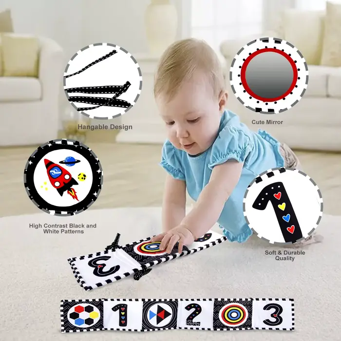 Livre en tissu sensoriel à contraste élevé pour bébés 0M+, jouets de berceau pour nouveau-nés, livre