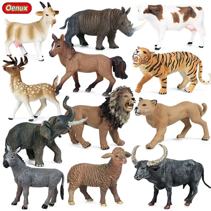 Oenux Zoo World Animal sauvage Lion cerf tigre éléphant modèle figurines d'action ferme chèvre cheval vache PVC éducatif mignon jouet pour les enfants