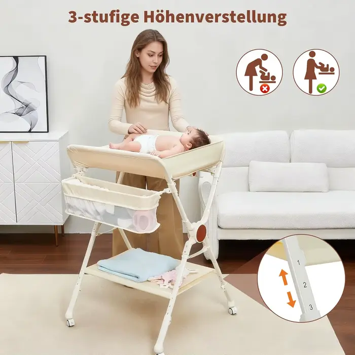 Table à langer bébé pliable et roulante avec panier de rangement et roulettes, hauteur réglable