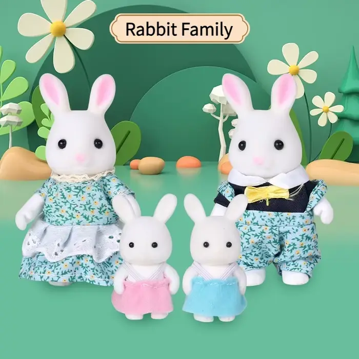 Famille d'animaux de la forêt, meubles de maison de poupée, chambre à coucher, cuisine, salle de bai