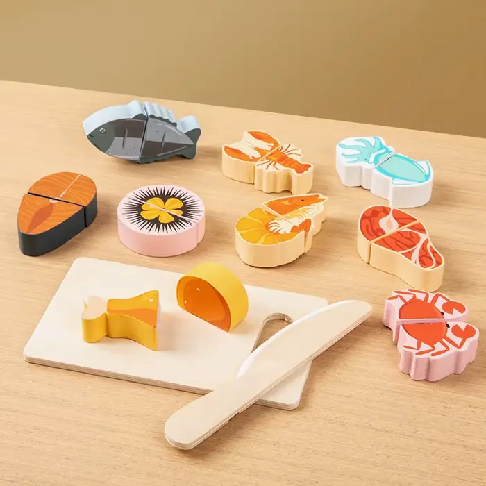 Ensemble de coupe de jeu de simulation en bois-jouet aux fruits/fruits de mer/à thème alimentaire pour les enfants