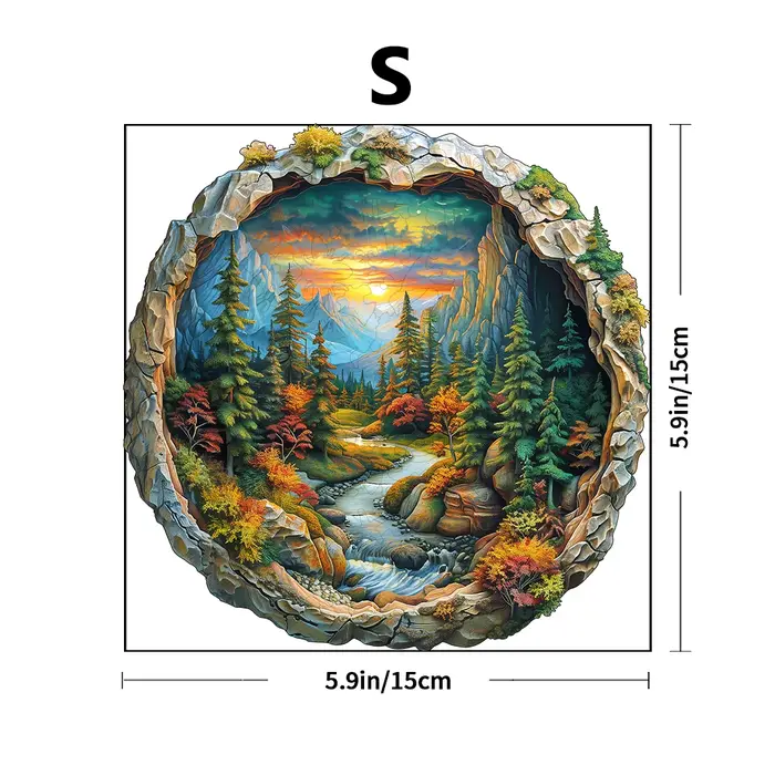 Puzzle circulaire en bois 3D, scène de coucher de soleil de la forêt verte, activités de jeux en fam