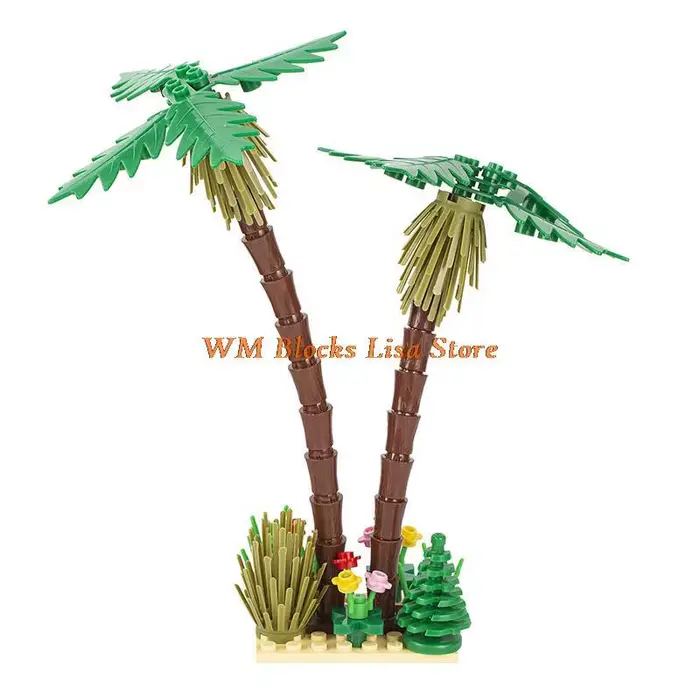 Blocs de construction de jouets pour enfants, cocotier, palmier, herbe, petite fleur, vue sur la rue, paysage Tropical, bord de mer, vacances, cadeaux MOC