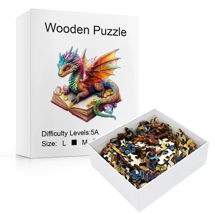 Puzzle en bois de Dragon couché sur un livre-défi formes d'animaux irrégulières