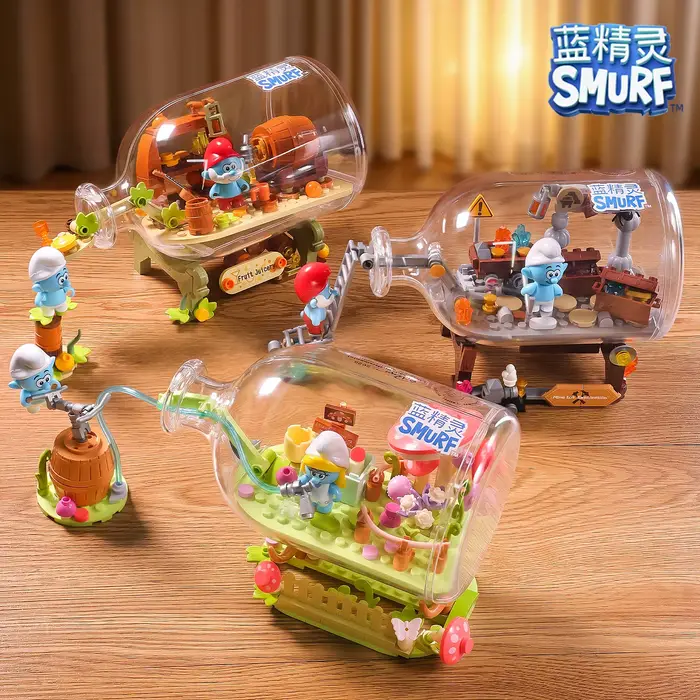 Blocs de construction Les Smurfs Bouteille à la flotte Jardin de culture de champignons Aventure de la ruée vers l'or Maison de boissons aux fruits Jouets éducatifs DIY cadeaux pour adultes et enfants fantaisie et imagination