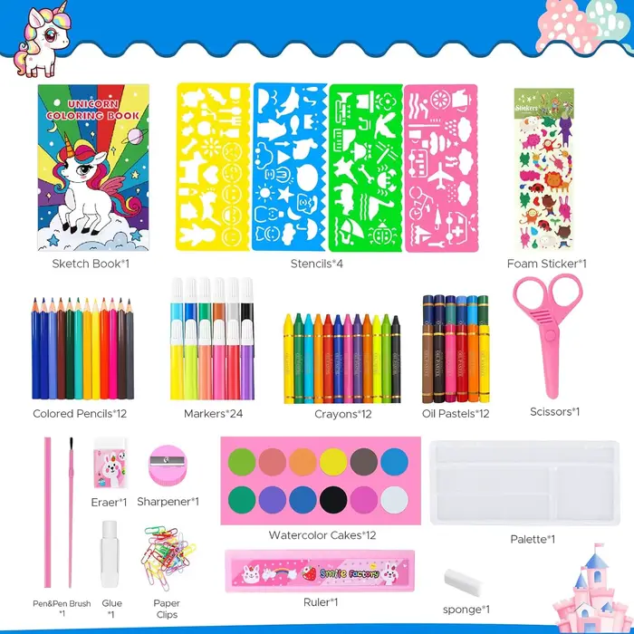 Kit de dessin licorne avec livre à colorier, crayons de couleur, crayons de cire et peintures pour enfants et filles occasions spéciales arts et artisanat