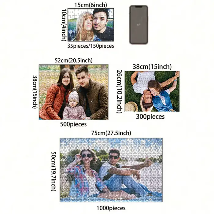 Puzzle personnalisé avec photo de groupe forme rectangle horizontal disponible en 35 300 500 et 1000 pièces pour célébrer anniversaires réussites et rassembler visages chers occasions spéciales famille amis
