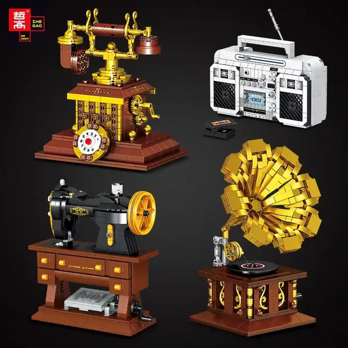 ZHEGAO Mini caisse enregistreuse rétro modèle phonographe lampe de bureau blocs de construction Microscope caméra assemblé brique jouets pour cadeau