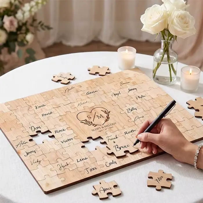 Puzzle livre d'or personnalisable en bois pour mariage et anniversaire, avec messages gravés, décoration unique pour cérémonie et événement spécial