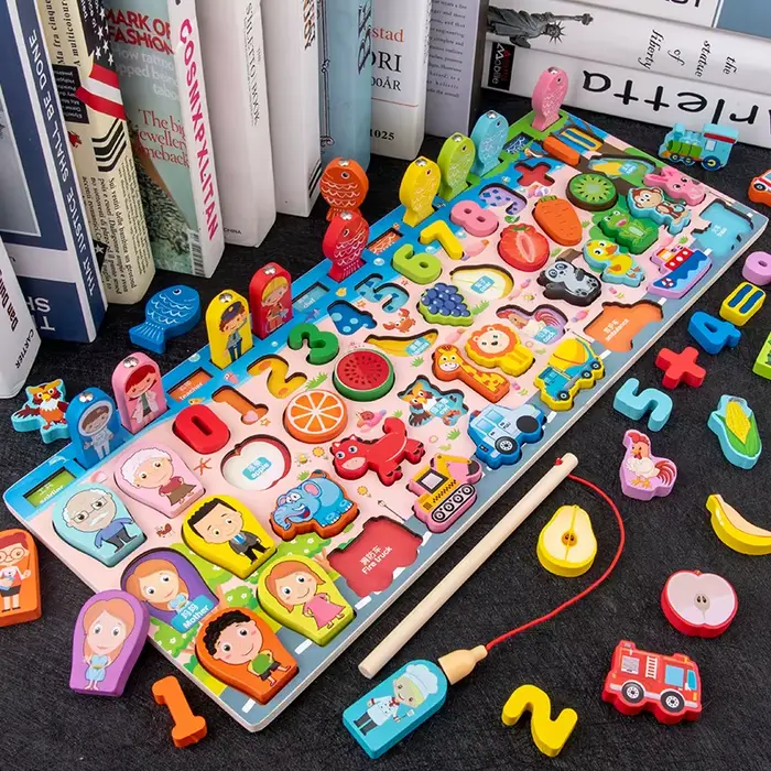 Jouets éducatifs 3D pour enfants d'âge préscolaire, en bois, Montessori, arithmétique, pêche magnéti