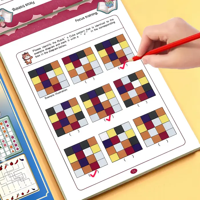 Cahier d'exercices de jeux de puzzles variés de 32 pages pour enfants, entraînement à l'attention visuelle, exercices de recherche et de concentration cérébrale
