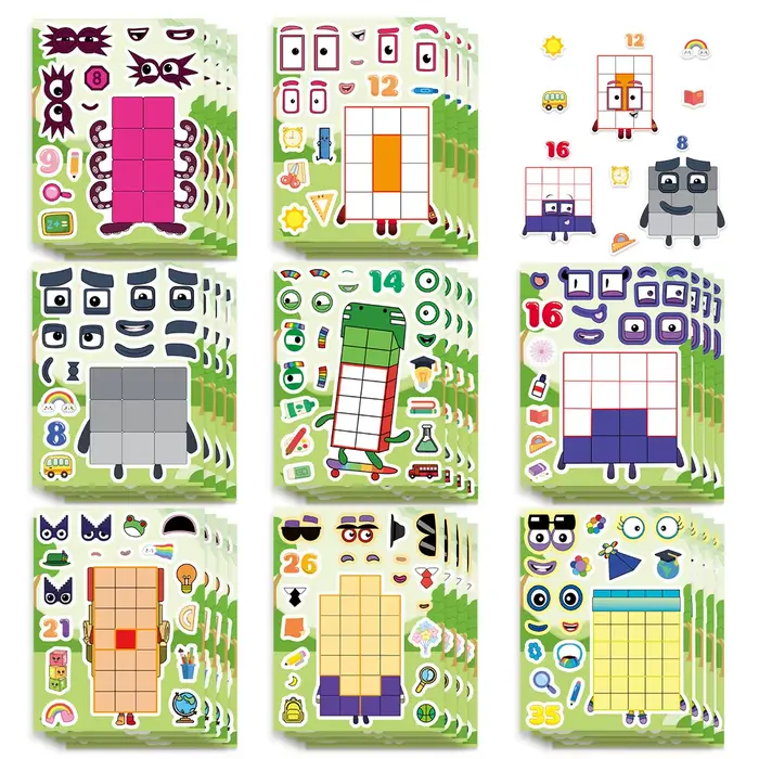 8 puzzles numériques à motifs de blocs de construction de dessins animés, manuel de bricolage, carte