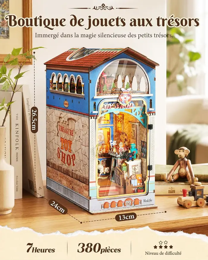 Rolife Book Nook Treasure Toy Shop kit Puzzle 3D Protection anti-poussière maison de poupée DIY adolescents et adultes montage immersif cadeau de Noël ou d’anniversaire