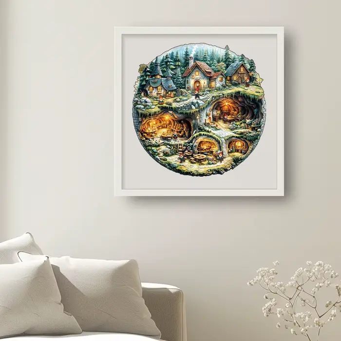Puzzle rond en bois Village de Gnome de Forêt de Contes de Fées avec pièces uniques en forme d'animal pour adultes, cadeau idéal pour les amateurs de fantasy et de contes de fées, activités relaxantes et stimulantes pour les occasions spéciales
