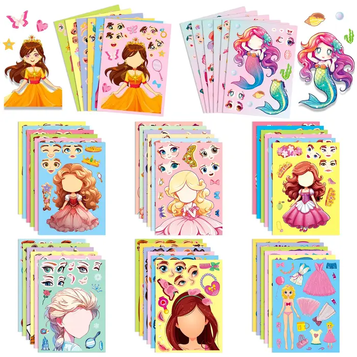 Autocollants de puzzle de bricolage pour enfants, 6 princesses sirène, faire un visage drôle, assemb