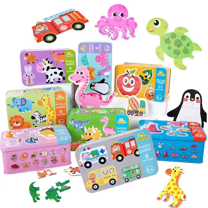 Puzzle éducatif en bois pour enfants, cartes de correspondance animales et fruits, boîte en fer Montessori pour éveil précoce, jeu de puzzle interactif pour garçons et filles, cadeau d'anniversaire ou Noël