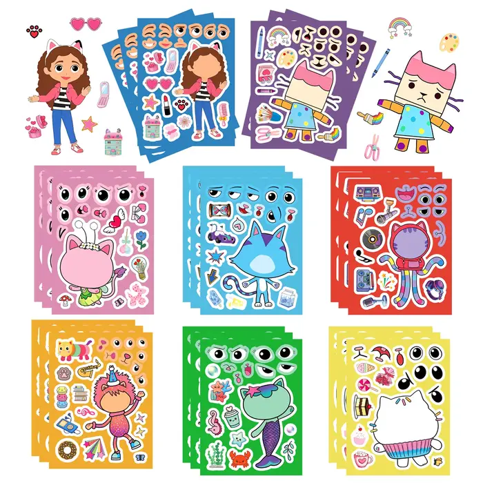 8/16 feuilles d'autocollants puzzle Gabby's Dollhouse pour créer des visages, jeu DIY pour enfants,