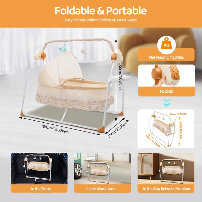 Berceau électrique pour bébé avec 12 chansons intégrées et Bluetooth, 5 vitesses de balancement, pliable et portable, pour bébés de 0 à 2 ans, occasions spéciales et moments de jeu