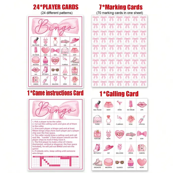 Cartes de jeu de bingo pour fête d'anniversaire avec nœud rose, jeux d'anniversaire rose vif pour 24