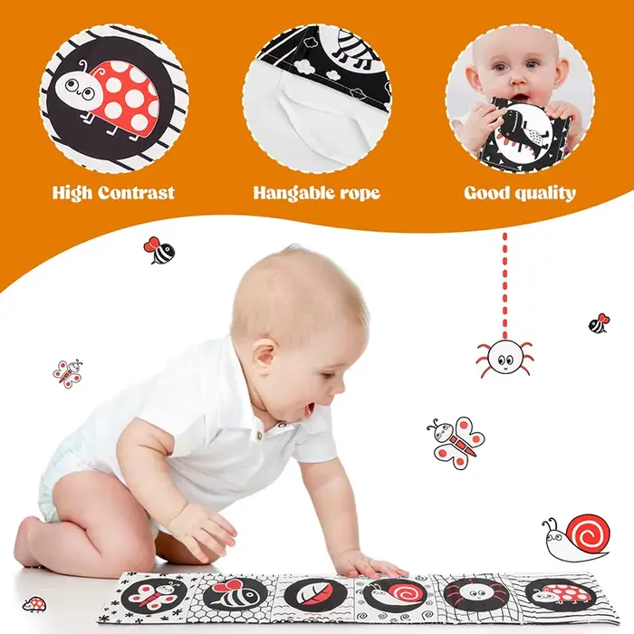 Livre en tissu doux pour bébé, noir et blanc, jouets sensoriels à contraste élevé, éducation précoce