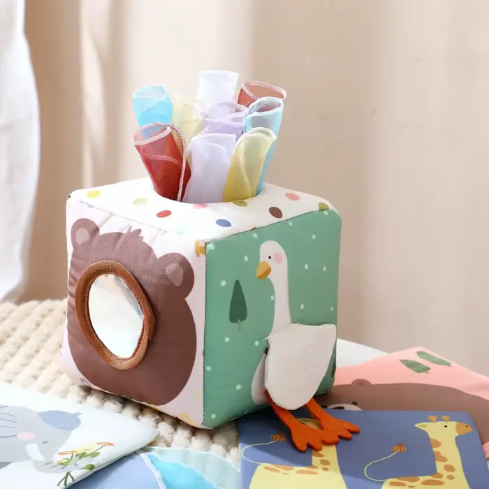 Jouet sensoriel Montessori pour bébé, boîte à mouchoirs, 0-12 mois, cube en tissu doux en coton avec