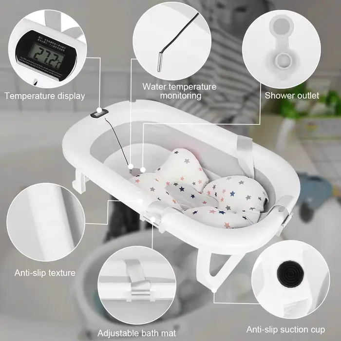 Baignoire pliable pour bébé avec tapis de bain, baignoire pour bébé avec thermomètre intégré, baigno