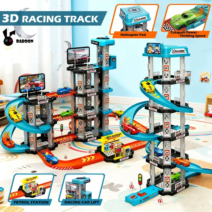 Ensemble de piste de garage avec ascenseur 4 niveaux, garage pour voitures jouets avec rails, rampe de course, mini voitures pour garçons et filles, cadeau occasion spéciale