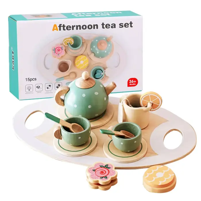 Service à thé en bois pour enfants, maison de jeu, faire semblant de thé, avec théière, tasse à thé, collation de l'après-midi, jouets de jeu de rôle, cadeau pour garçons et filles