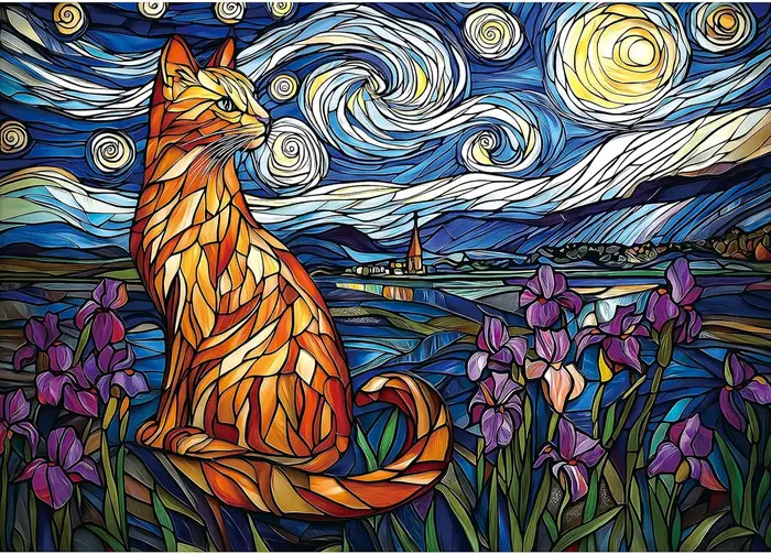 Puzzle 500/1000/1200/2000 pièces, motif Chat Orange, Fleur Violette, Scène Nocturne, Jeux d'activité