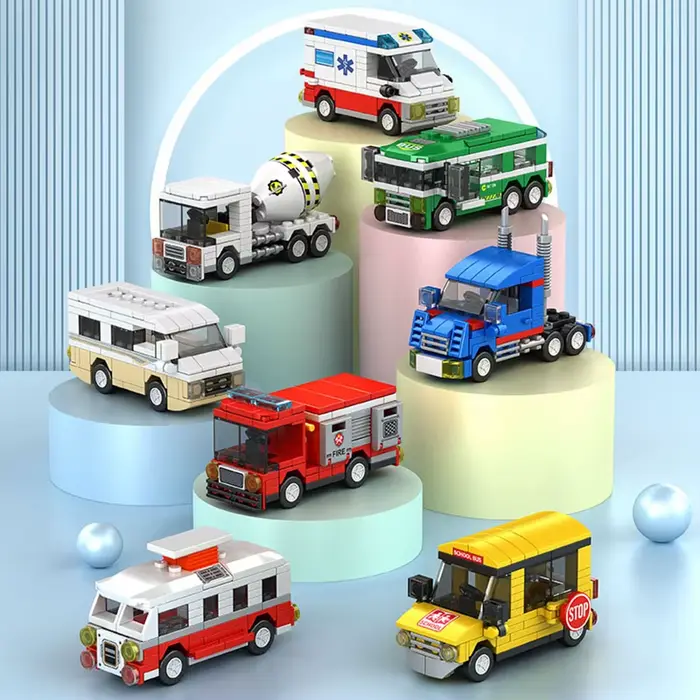 Bloc de construction de petites particules, modèle de véhicule urbain, bus scolaire, camion de pompi