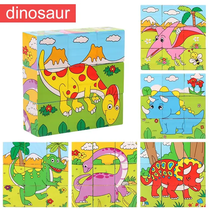 Puzzle en bois peint sur Six côtés, blocs de construction d'animaux de la circulation tridimensionne