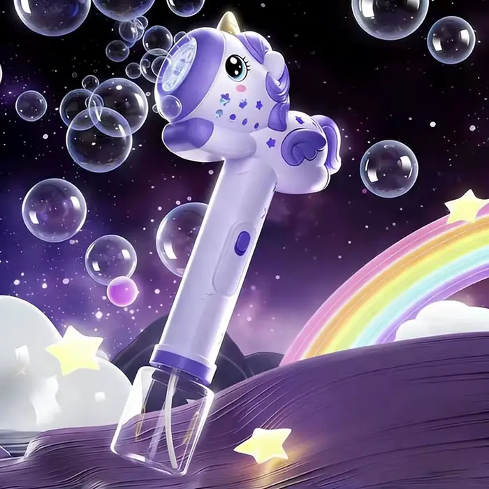 Pistolet à bulles licorne électrique avec souffleur de savon automatique et lumière intégrée pour jeux de plein air d'été et occasions spéciales pour garçons et filles