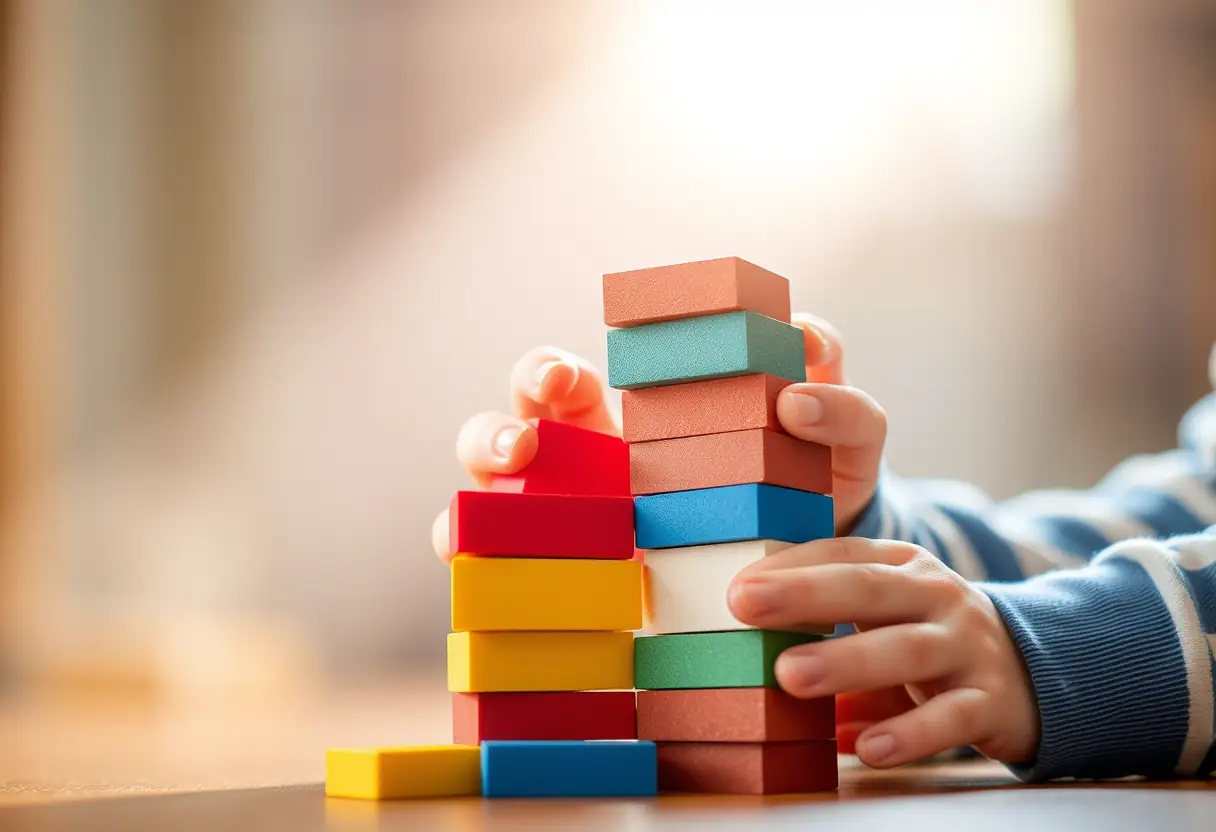 Des mains d'enfant construisant méticuleusement un château de blocs “ ”