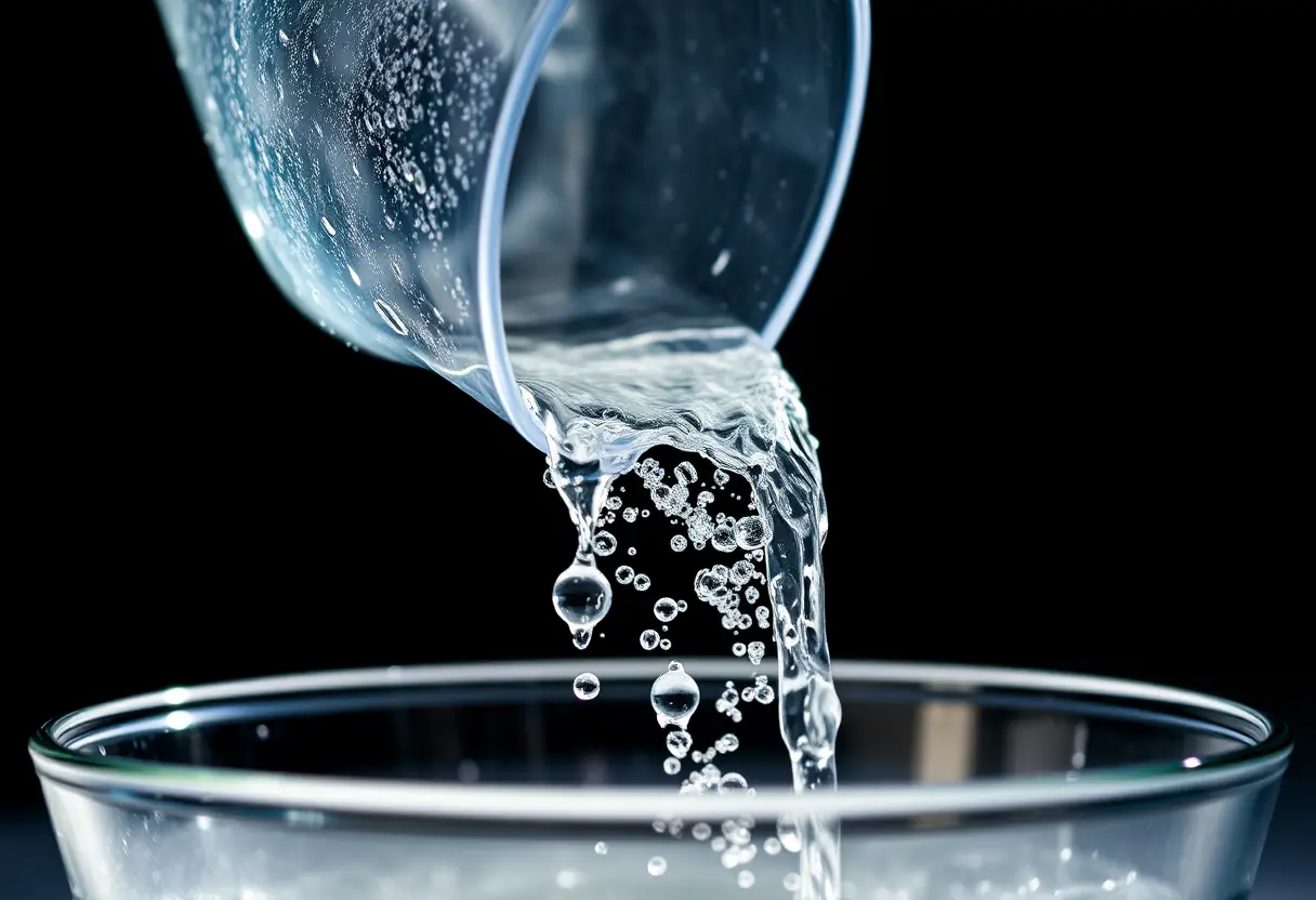 Pichet plein d'eau versé dans un bol transparent