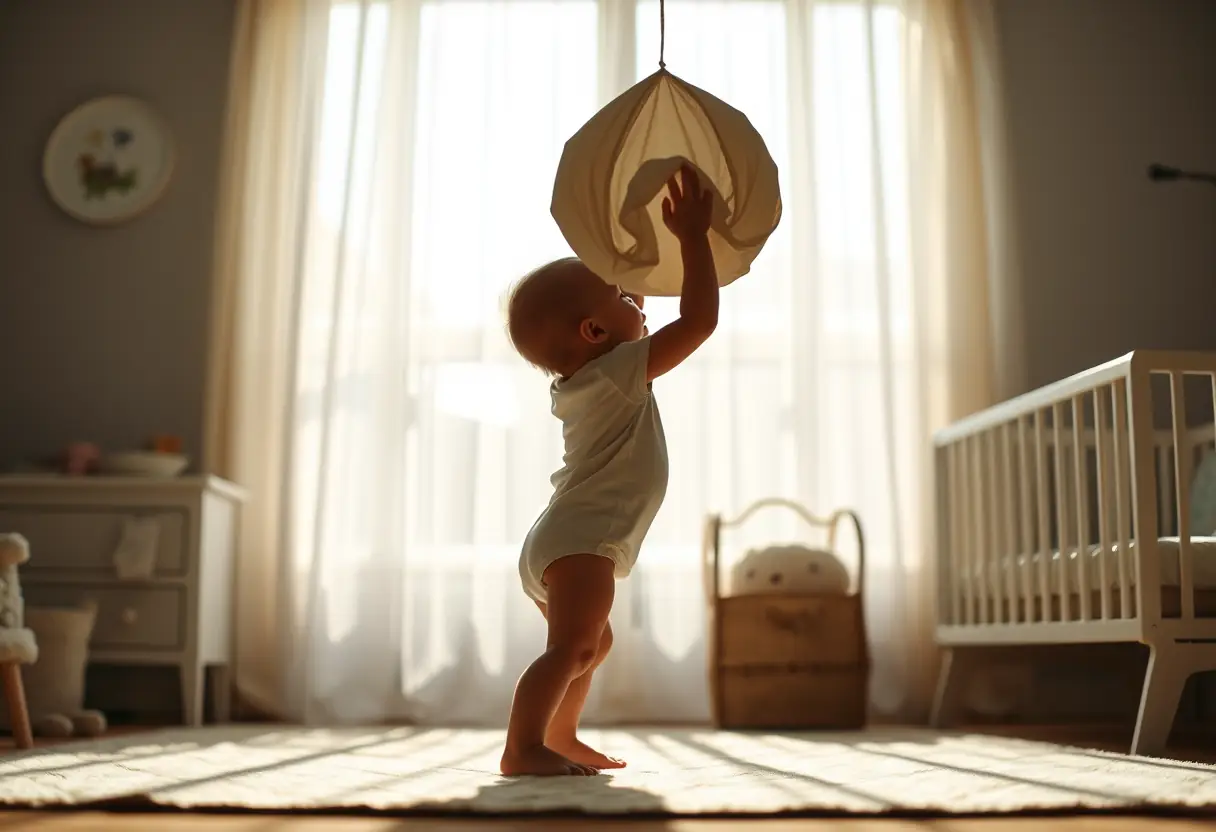 L'ombre d'un bébé jouant avec une balle en tissu dans une nursery éclairée par la lumière du soleil