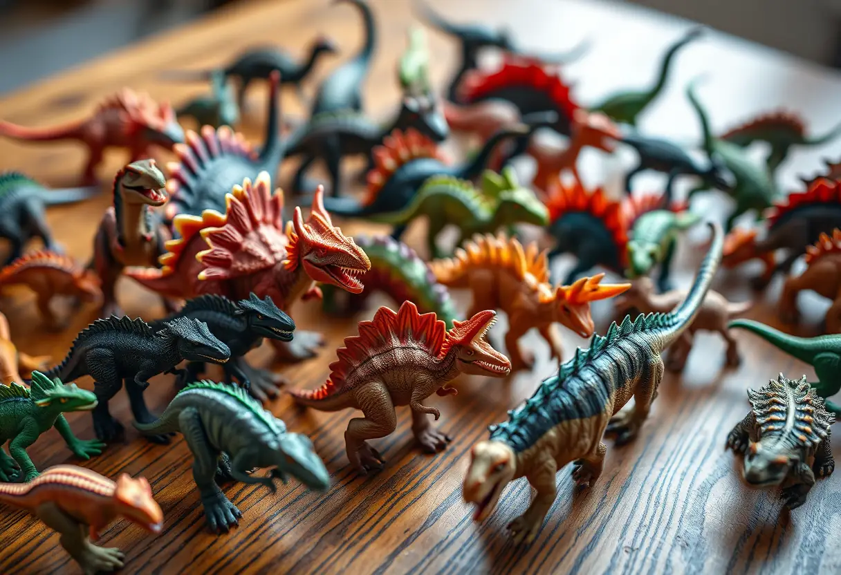 Un plan inclut plusieurs dinosaures en plastique sur une table, détaillant leurs couleurs