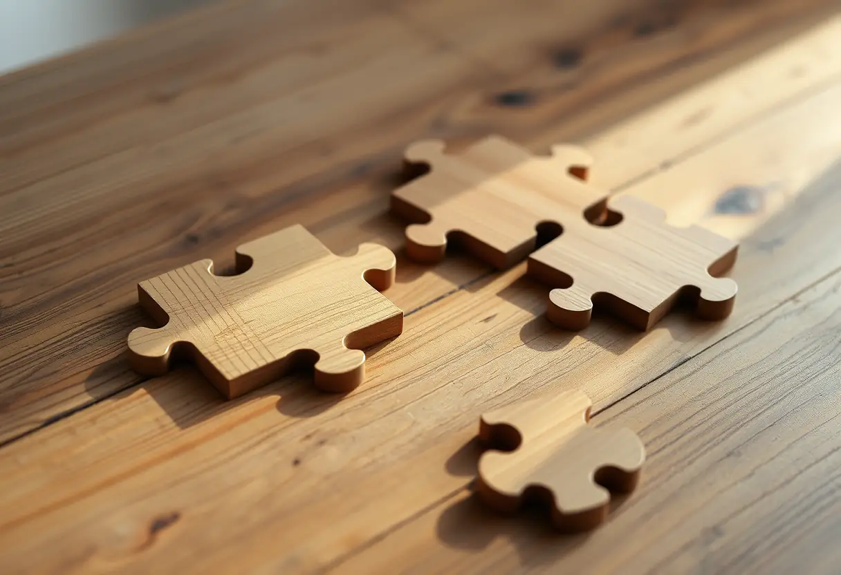 Puzzle simple en bois posé sur une table avec la lumière du matin