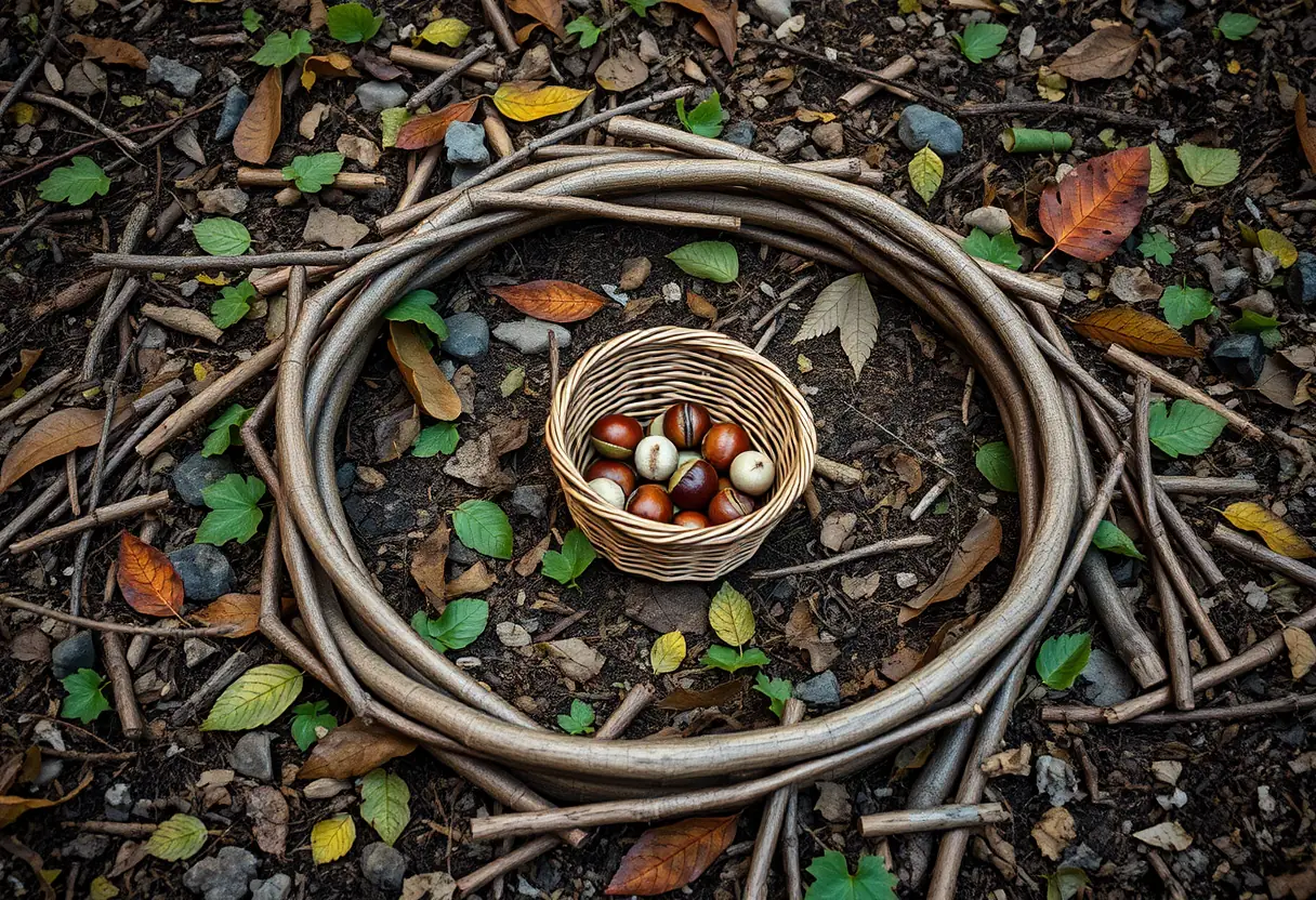 Fort improvisé fait de branches avec un panier rempli de trésors naturels