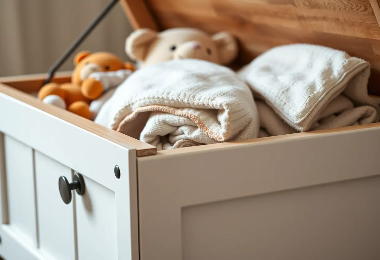 Coffre à jouets ouvert révélant des peluches rangées avec soin