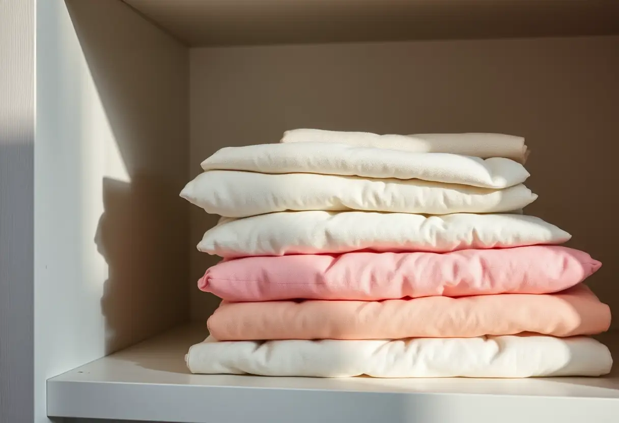Neatly folded dolls on a shelf for easy access